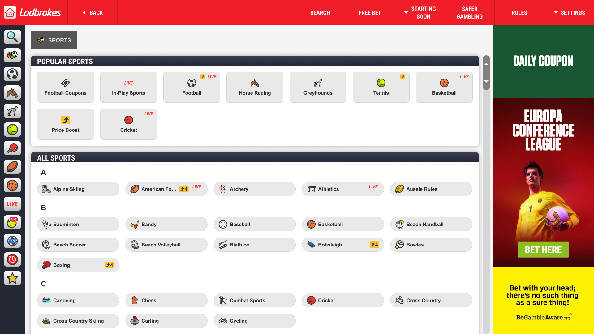 BetStation A-Z sports navigation — alphabetical list with sport icons and large touch targets